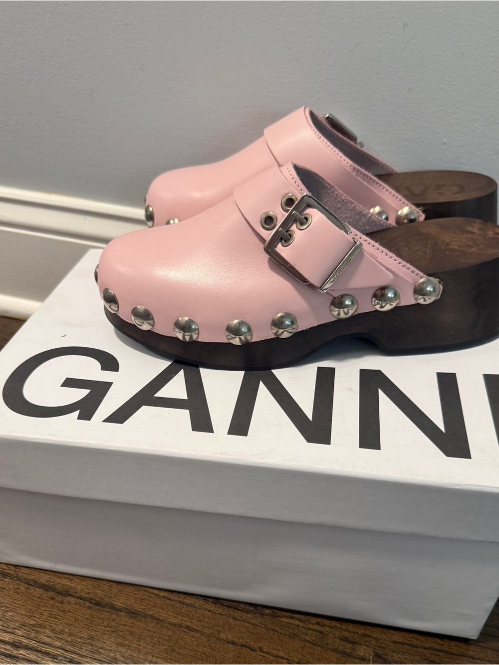 New Ganni Pink Studded Leather Clog Mules with Buckle
